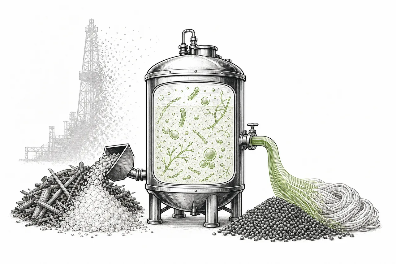 A large fermentation vat turning piles of sugar and biomass into plastic pellets and fibers, replacing an oil rig that slowly fades into the background