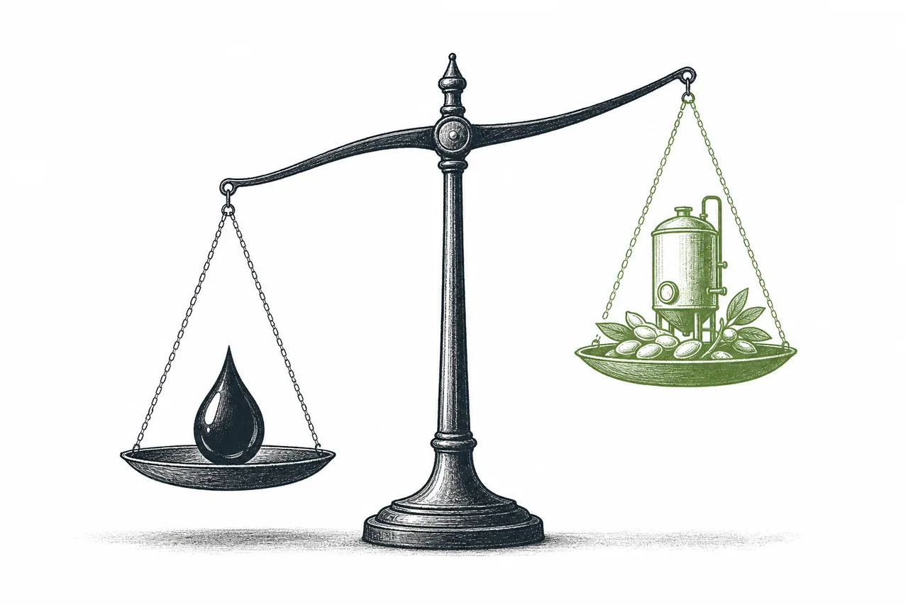 A balance scale with a drop of oil on one side and a plant seed on the other, slowly moving toward equilibrium — representing the race to drive bio-based costs down to match oil