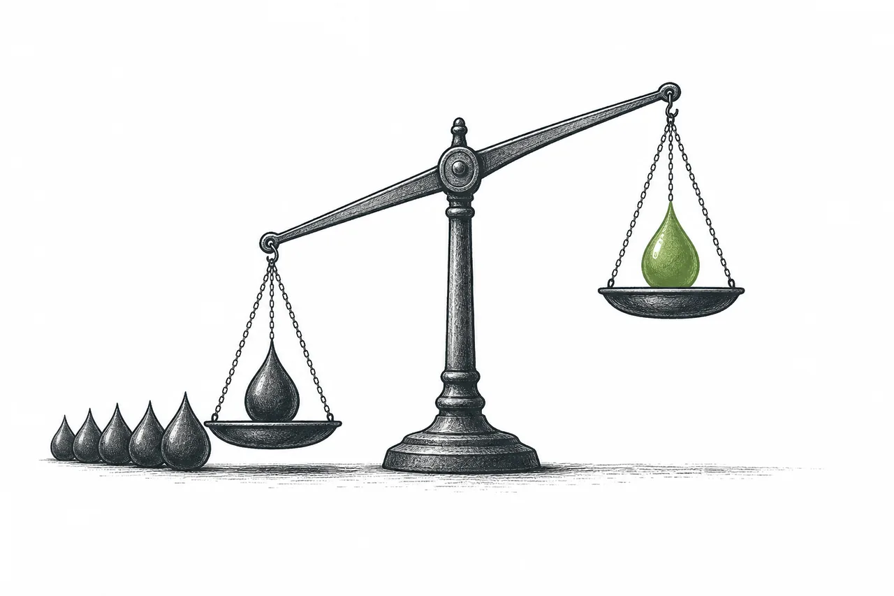 A scale with a small cheap drop of fossil fuel on one side and a much heavier, more expensive drop of clean fuel on the other, showing SAF costs 2–5× more than ordinary jet fuel.