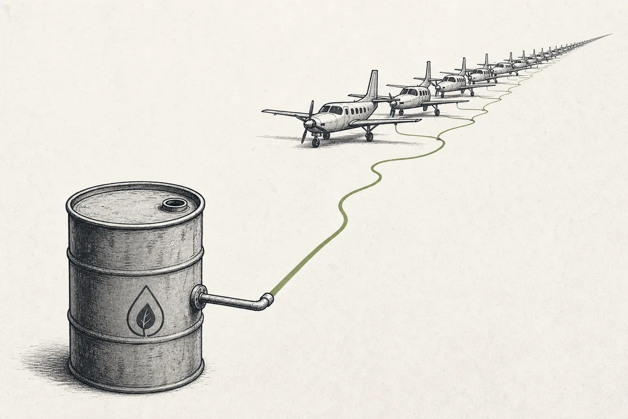A small tank of used cooking oil with pipes running out to far more planes than it could ever feed, showing that waste-oil feedstock is not enough.