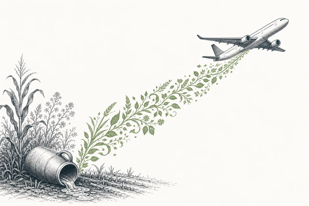 A large passenger jet whose contrail turns into leaves and plants, suggesting aviation fuel made from biomass instead of fossil oil.