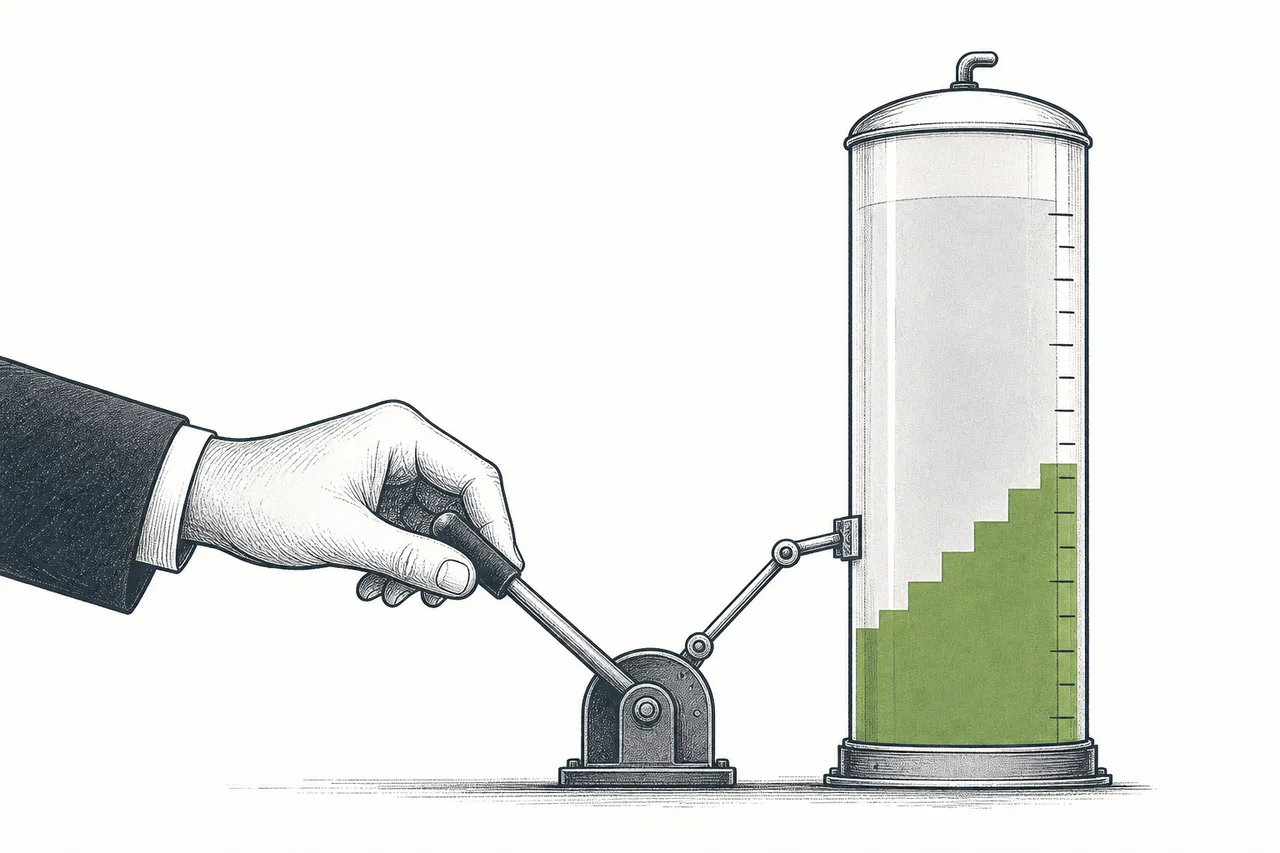 A government's hand slowly pushing a lever up, raising the share of clean fuel in a jet-fuel tank step by step — showing that legal mandates are the market's main driver.
