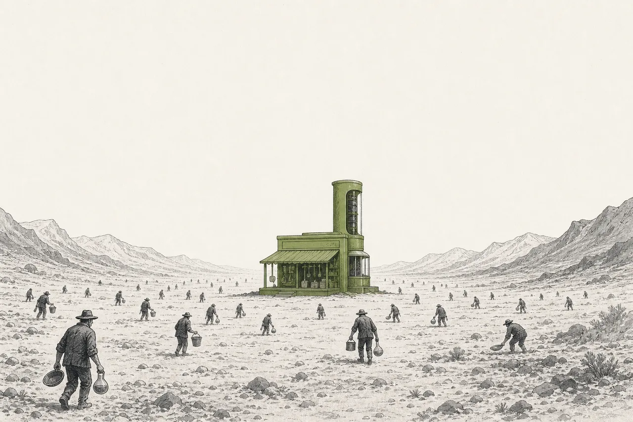Gold-rush-era miners, but instead of digging for gold they're buying shovels and tools from a single store in the middle of the valley shaped like a DNA synthesizer.
