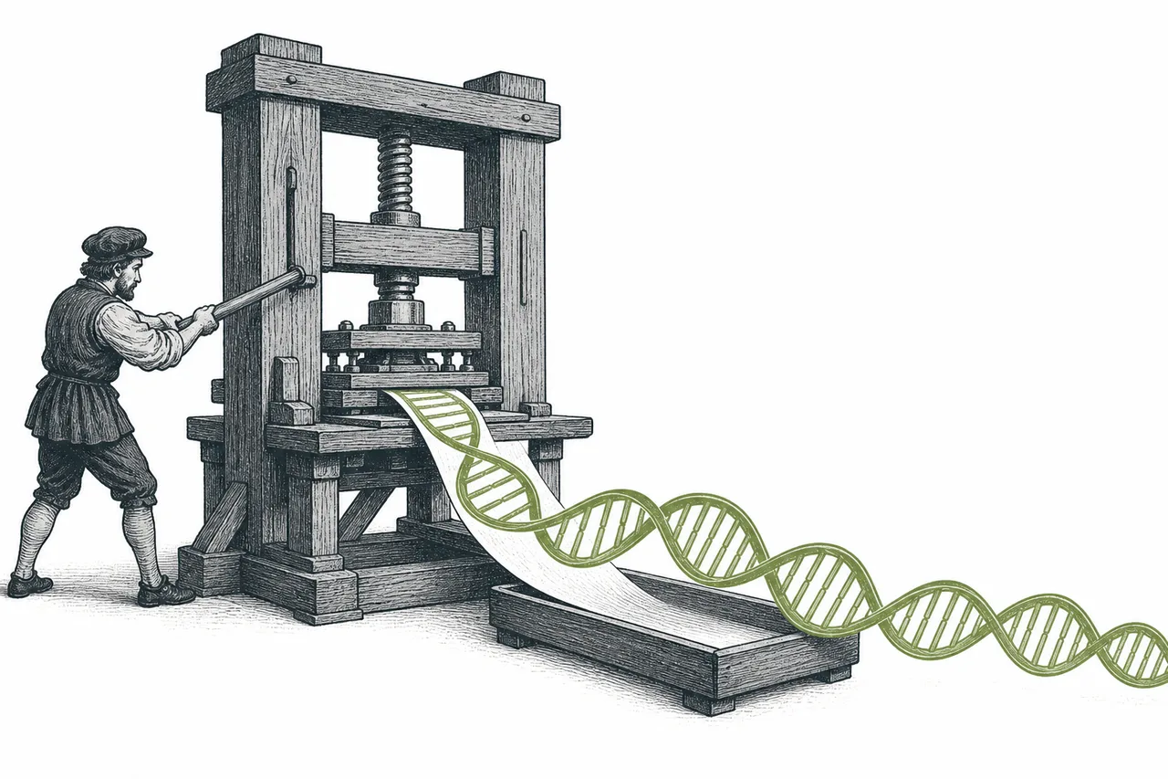 A Gutenberg-style old printing press, but it's printing out DNA strands on a scroll instead of letters.