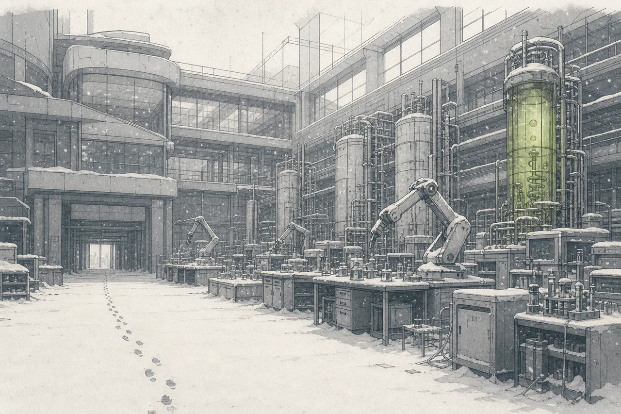 A large automated biology factory blanketed in snow, robotic arms frozen still — evoking the winter of the biology-tools industry.