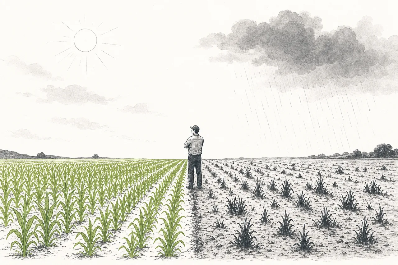 The same field split in half: one side grows lush, the other grows unevenly — conveying that the microbe's effect depends on the weather.