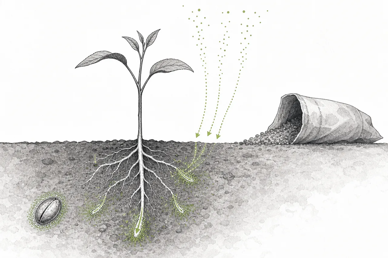 A microbe-coated seed sprouts into a seedling whose roots draw nitrogen from the air, replacing a bag of chemical fertilizer set aside next to it.