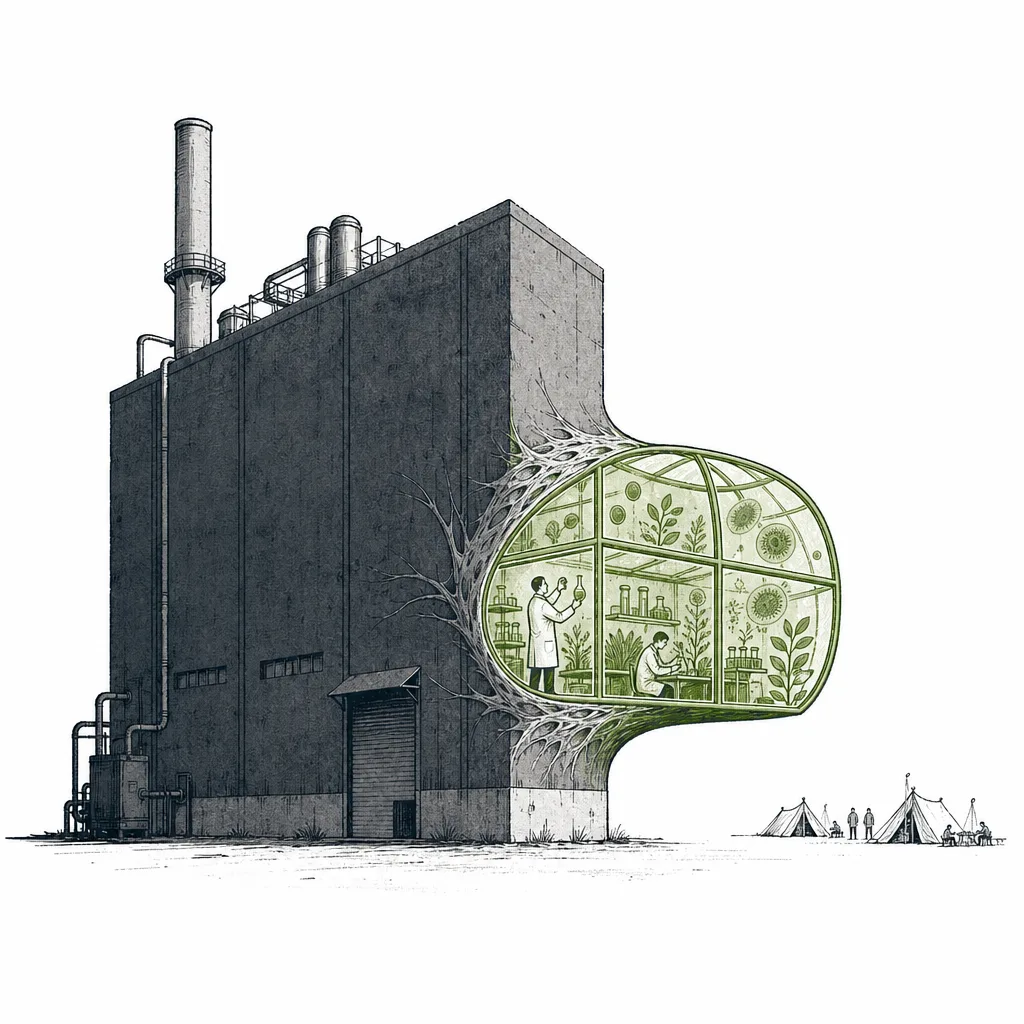 A giant agricultural-chemical company slowly grows a small microbe lab next to its existing fertilizer plant — conveying an incumbent absorbing the new technology.