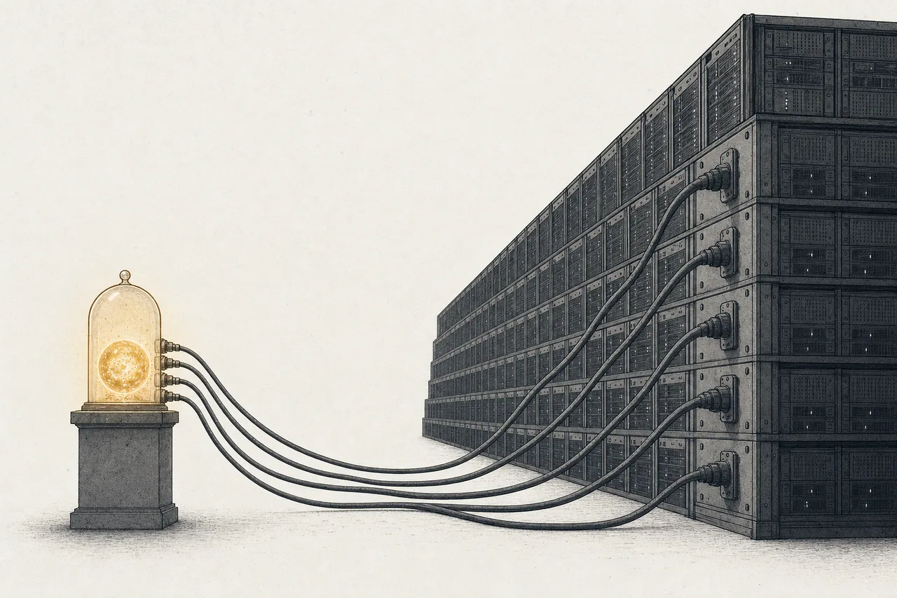 A giant data center reaching cables toward a tiny sun in a glass bottle, evoking AI starved for clean power.