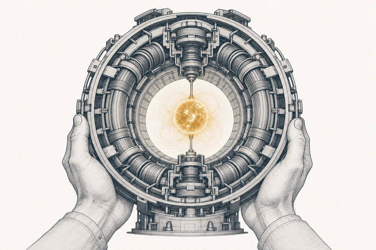 A small sun trapped inside a giant ring of magnets, with an engineer's hands gently steadying it.
