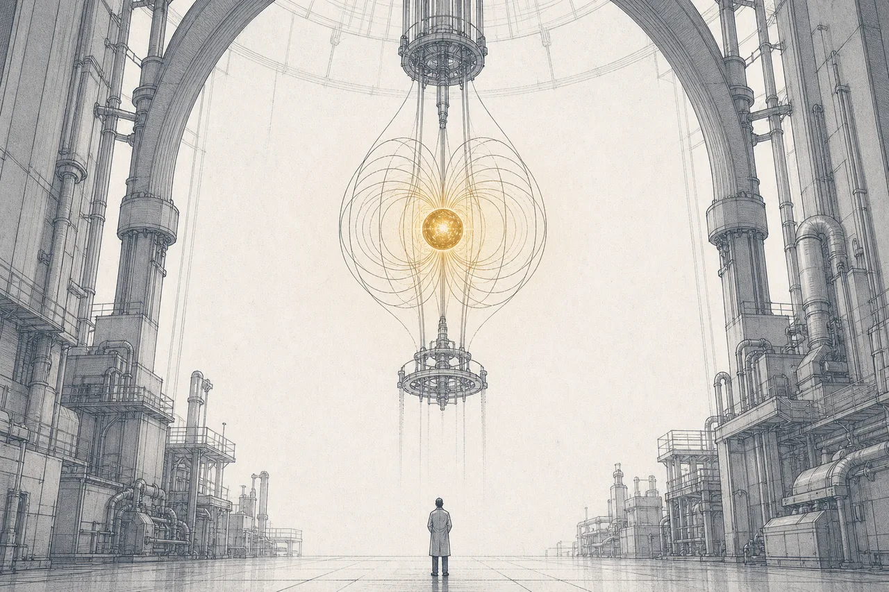 A tiny scientist stands looking up at a small sun floating still inside a magnetic cage in the middle of a vast laboratory.