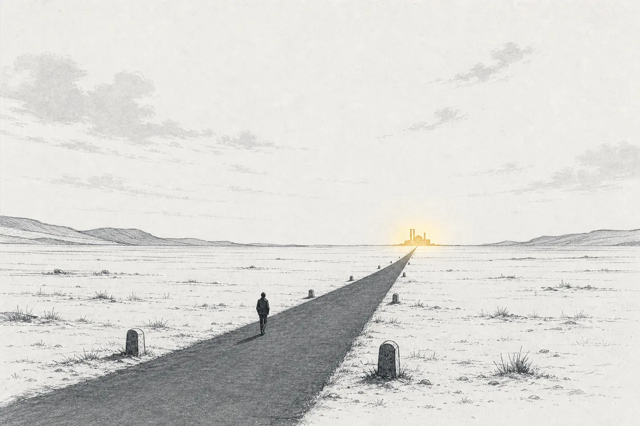 A long road stretching toward the horizon, where a fusion power plant glows in the distance — but the distance is still far.