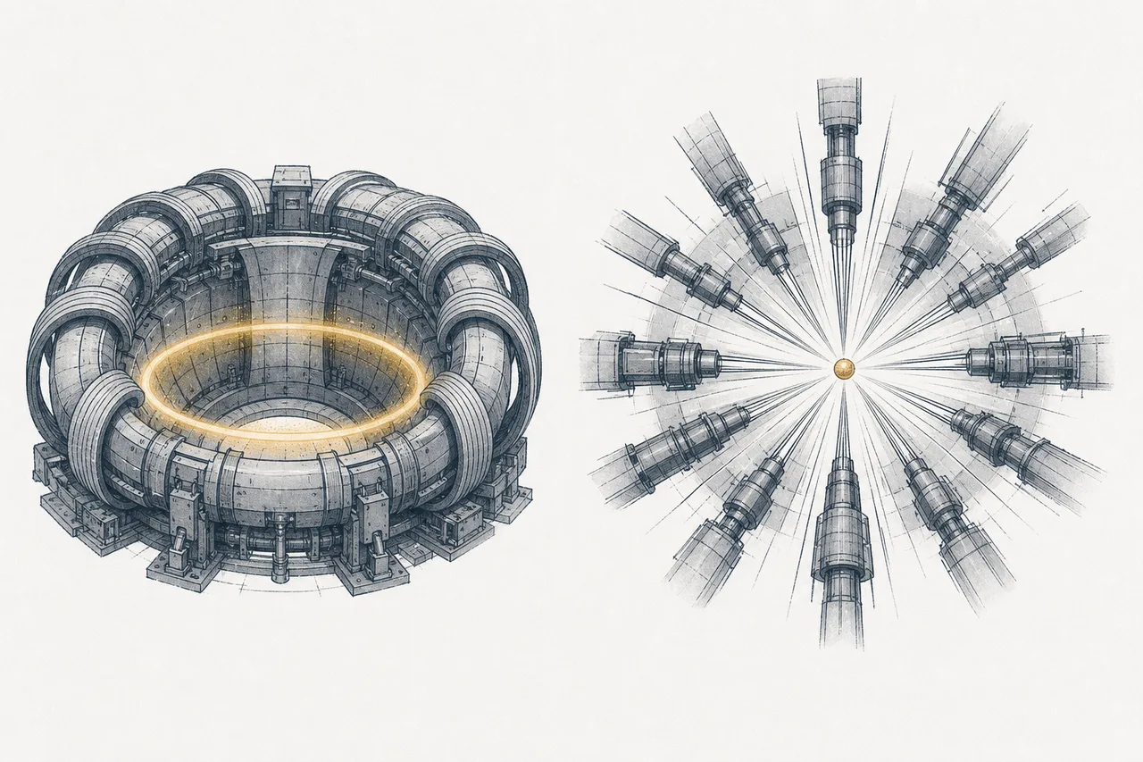A side-by-side image of two paths to fusion. On the left, a large magnetic donut; on the right, many laser beams firing in to squeeze a tiny fuel pellet.