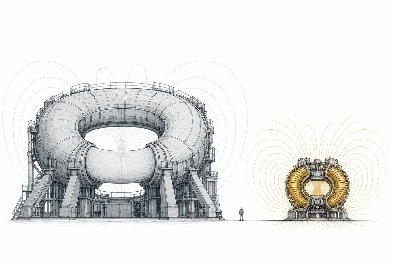 A comparison of two fusion reactors. On the left, a huge one using weak-field magnets; on the right, a compact one using strong-field magnets.