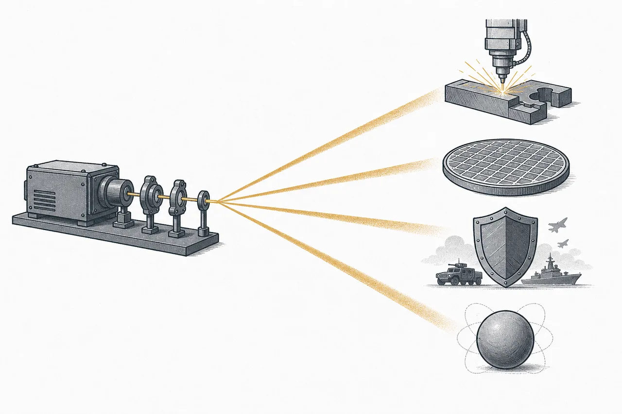 A single beam of laser light radiates from a central source, then splits into many beams heading toward different scenes — a factory, a chip-making machine, a military shield, and a fusion reactor.