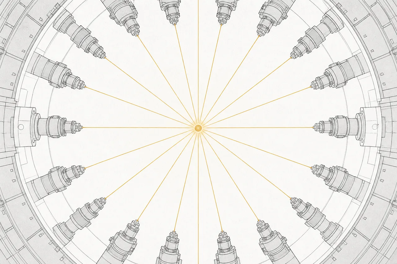 Many laser beams converge on a tiny spherical fuel pellet at the center from every direction, combining their force until the pellet glows and blazes.