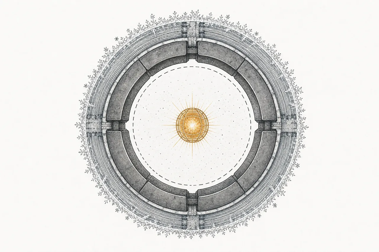 A cross-section of a fusion reactor showing three extreme layers side by side — the vacuum chamber at the center, the extreme-cold magnets wrapped in cold vapor, and the tungsten wall facing the glowing plasma fireball.