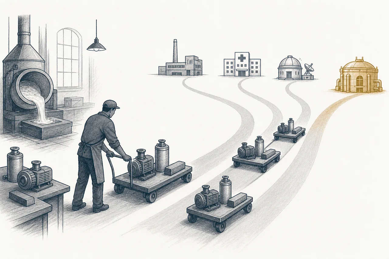 An image contrasting an old-school foundry that makes basic tools, shipping them out at once to chip fabs, hospitals, labs, and a fusion reactor.