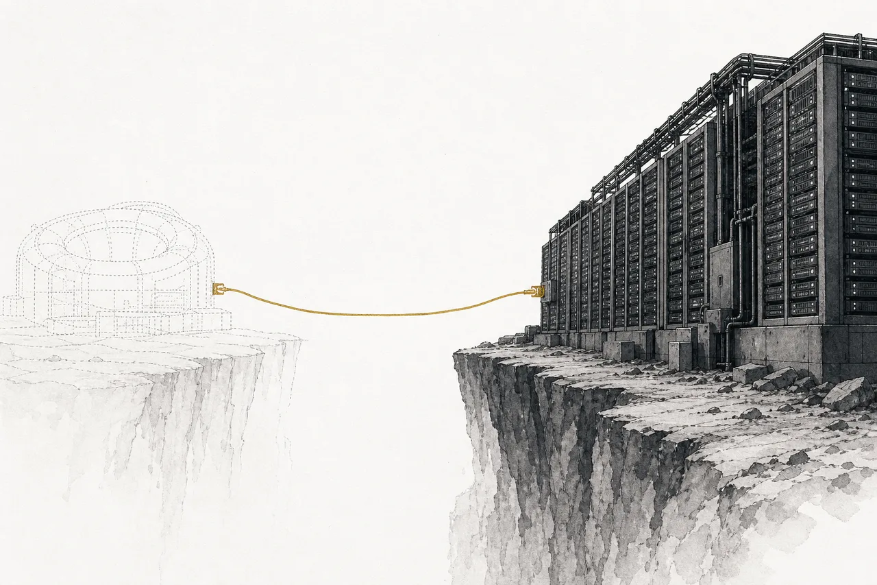 A future fusion plant is still only a thin-line outline, joined by power lines to a dense, brightly flickering AI data-center building