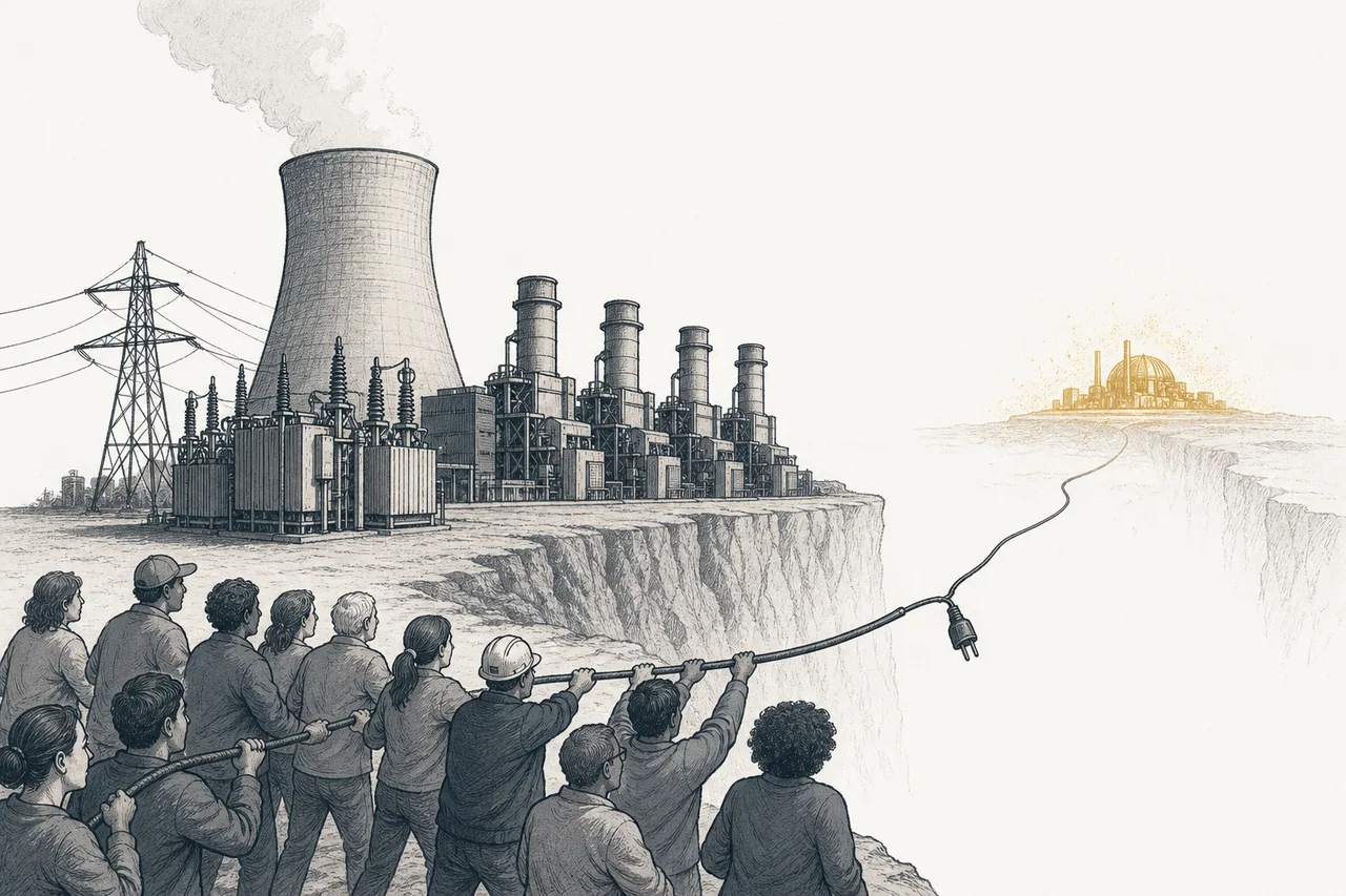 People stand waiting at the end of a power line that isn't connected to anything yet. While they wait, real nuclear plants and gas turbines keep supplying power in the background