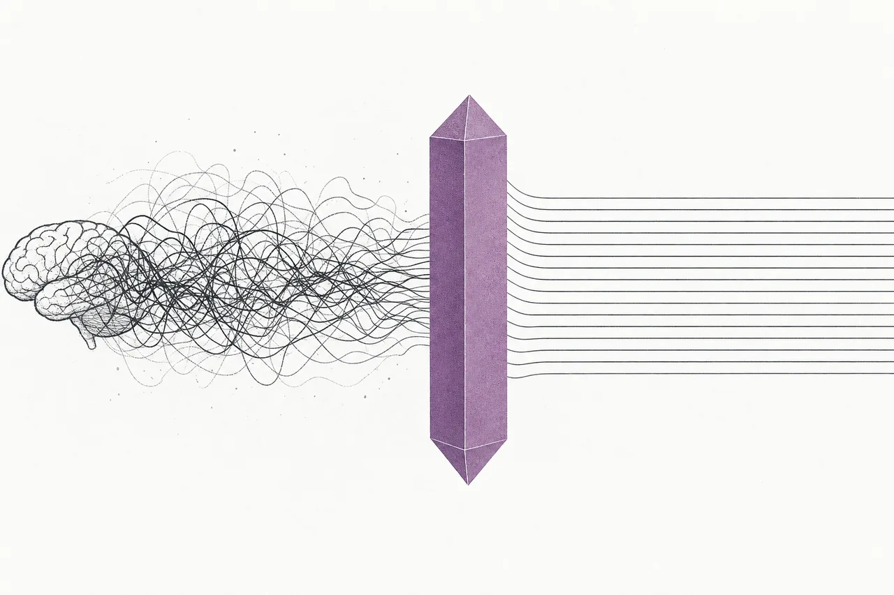 A tangle of messy brain electrical waves flows into a prism lens and comes out as neat, orderly command lines