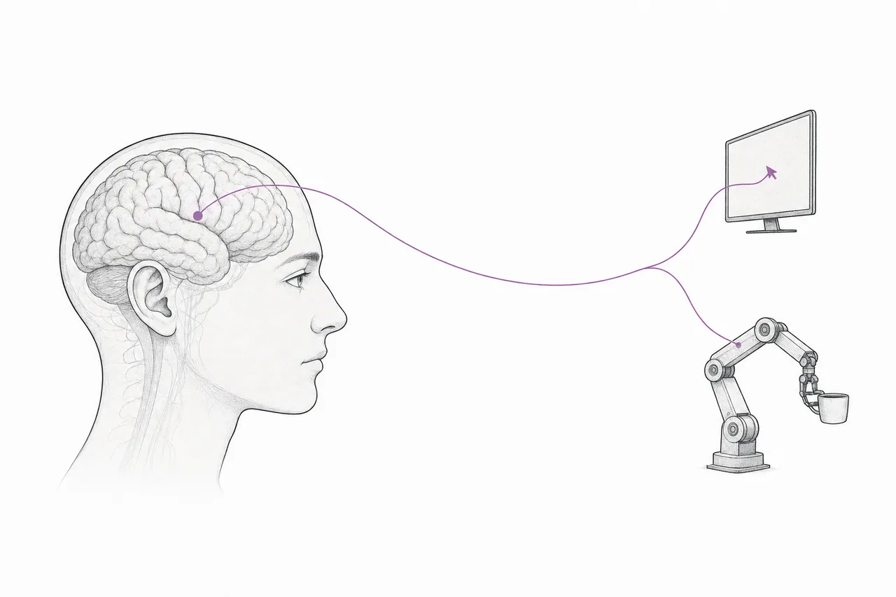 Thin signal lines travel out from a human brain to drive a cursor and a robotic arm, with one line glowing as the path of intent