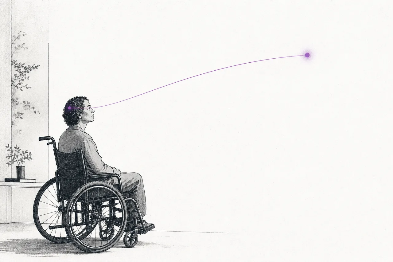 A paralyzed patient sits still in a chair, with thin lines running from their head to move a cursor on a screen, as if thought were being translated into motion.
