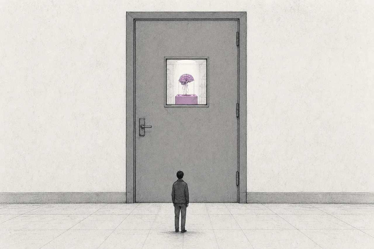 A retail investor stands in front of a closed lab door, peering in at the cutting-edge experiments inside but unable to enter.