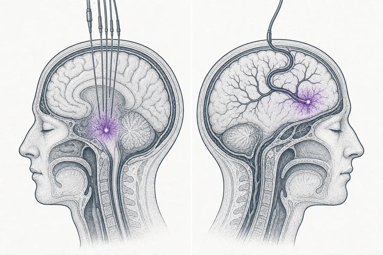 A comparison of two roads to the brain: one drills straight deep into brain tissue, the other threads along the blood vessels to detour in.