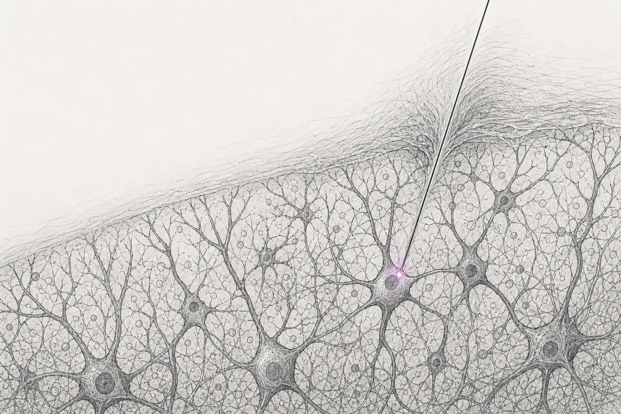 An electrode thinner than a hair threads its way among the neurons of the brain, listening for the tiny electrical sparks of thought.