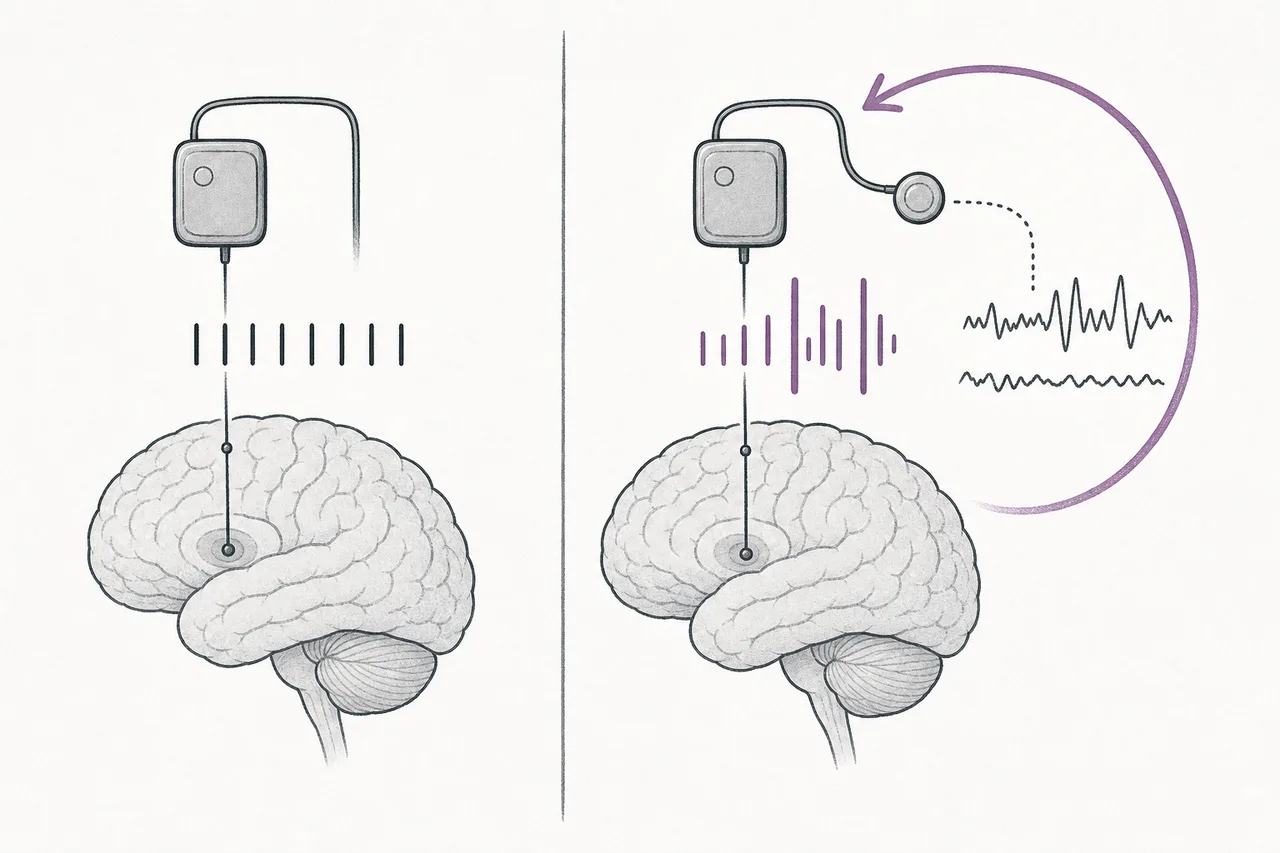 A comparison of two devices: one sends the same pulse the whole time, listening to nothing; the other has an ear listening to the brain's rhythm and turns the pulse up and down to match the real symptoms.