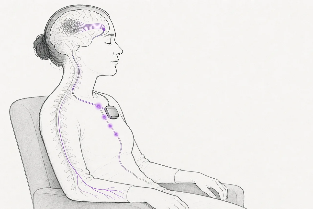 A person sits calmly; inside their body, a glowing neural circuit runs from the brain down the spinal cord, and a small box implanted under the skin sends pulses to bring the misfiring circuit back into rhythm.