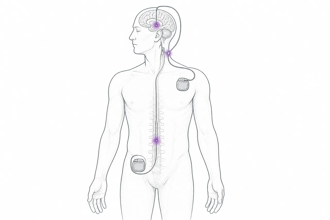 A person with three target points for electrical stimulation: a point in the brain for Parkinson's, a point at the spinal cord for chronic pain, and a point at a neck nerve for epilepsy — each with its own device box and connecting wire.