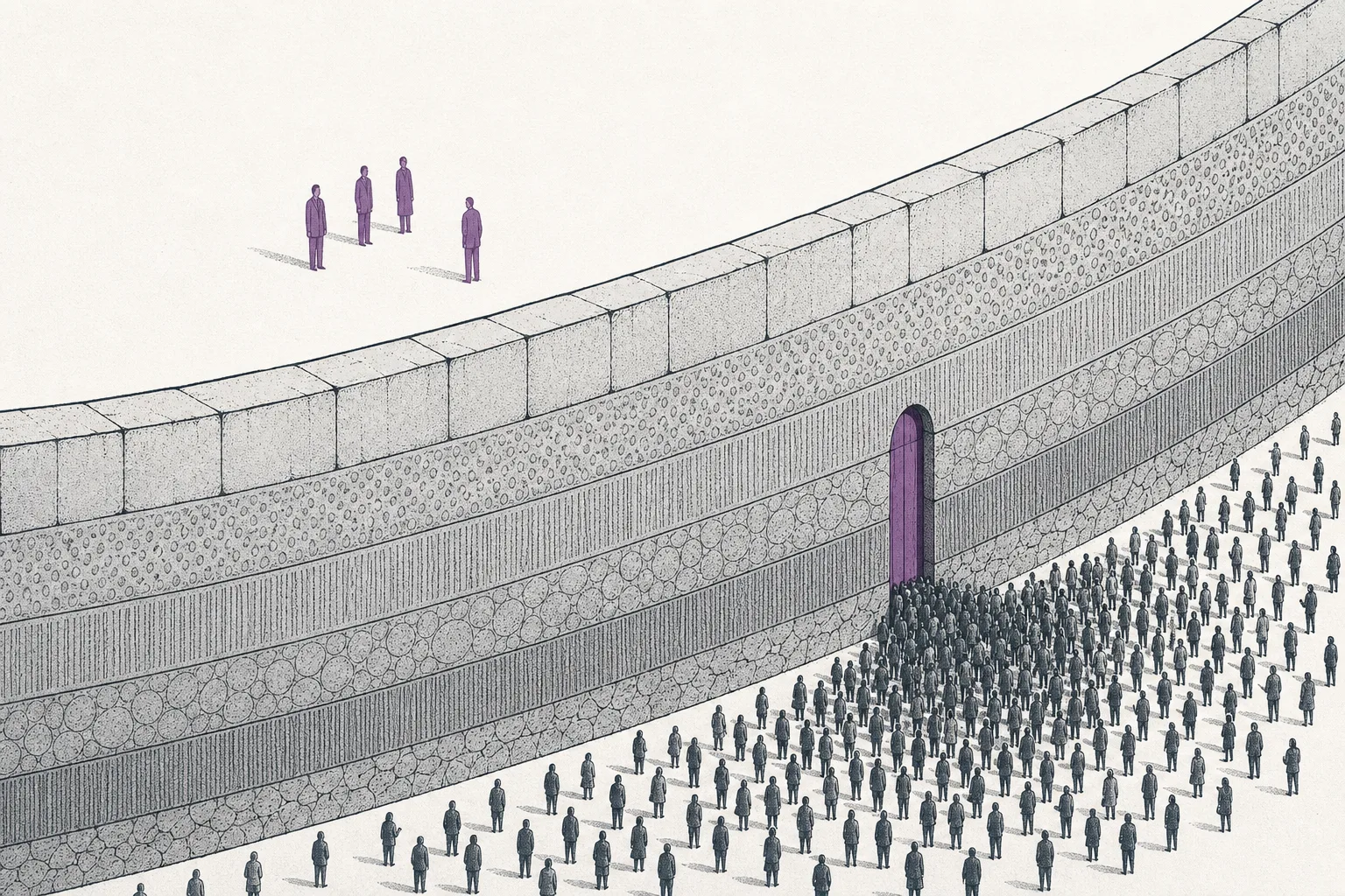 A high fortress wall with just one narrow gate. Inside, a few players stand; outside, a large crowd of newcomers can't get in — representing a market with high walls and few players.