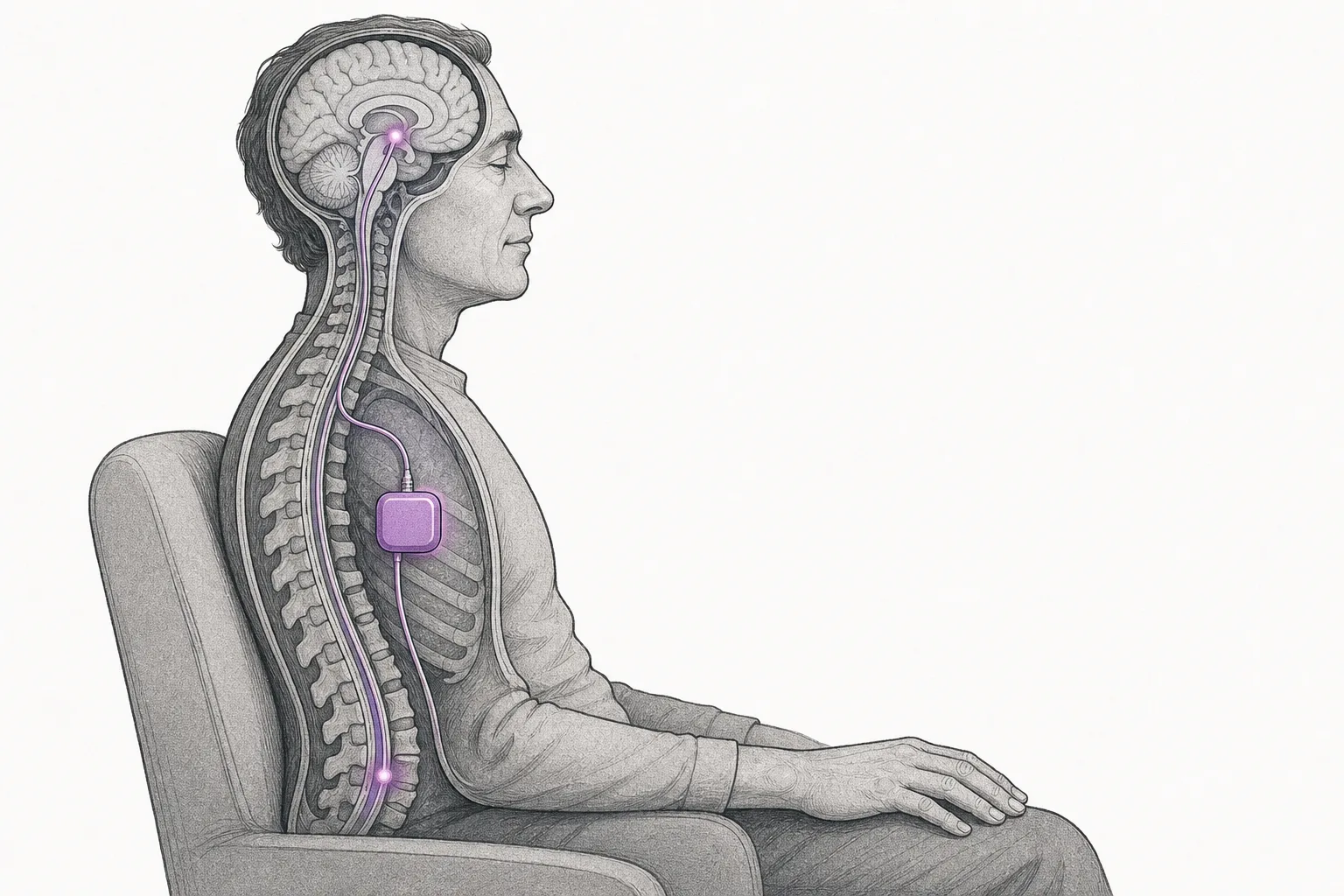 The silhouette of a person sitting calmly. Inside the body, a small device box is implanted in the chest, with one lead running up to a deep point in the brain and another running down along the spinal cord. A hand that used to shake is starting to go still.