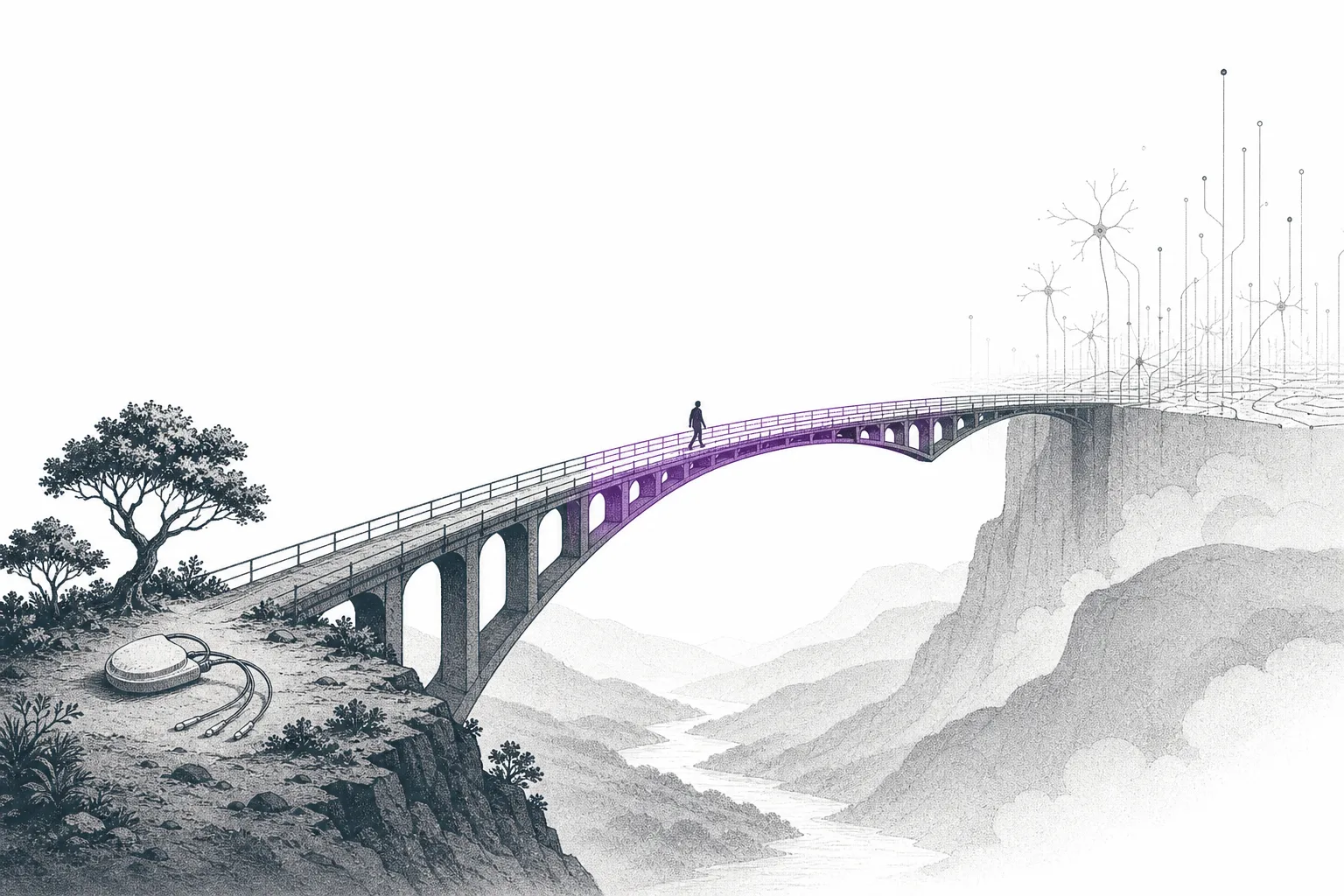 A bridge spanning a chasm. On one side are devices already implanted in people that actually treat disease, on the other is the future land of mind-reading BCI. Closed-loop is the middle of the bridge that connects the two sides.