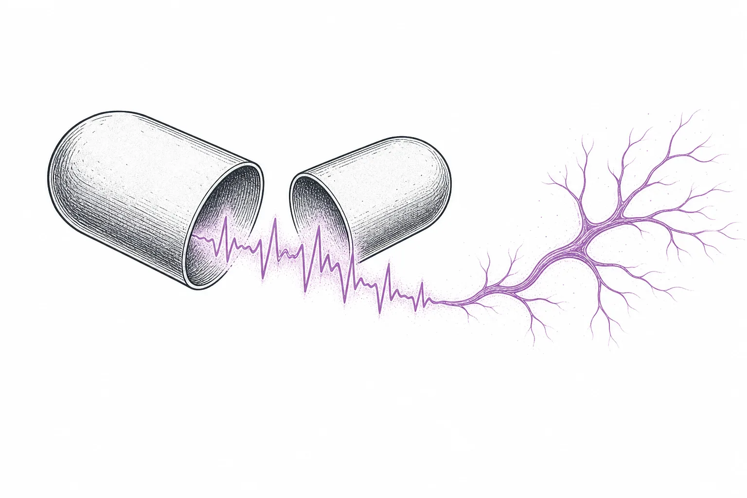 A drug capsule that, when opened, holds not powder but rhythmic electrical pulses running along a nerve — representing the idea that electricity is a new kind of drug.