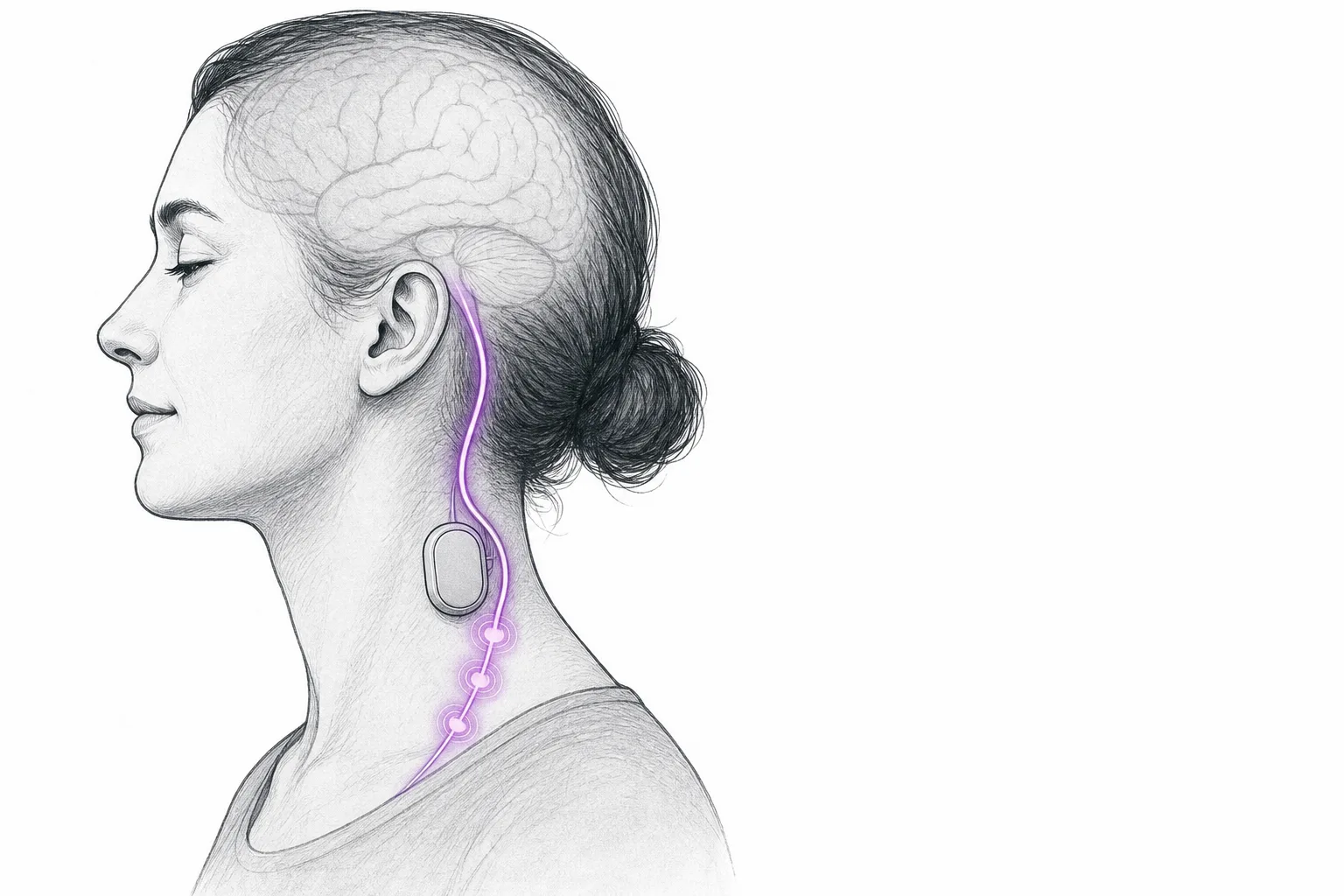 A side sketch of a person, with a single glowing nerve running from the brainstem down the neck, and a small device implanted at the neck sending pulses along it — without touching the brain at all.