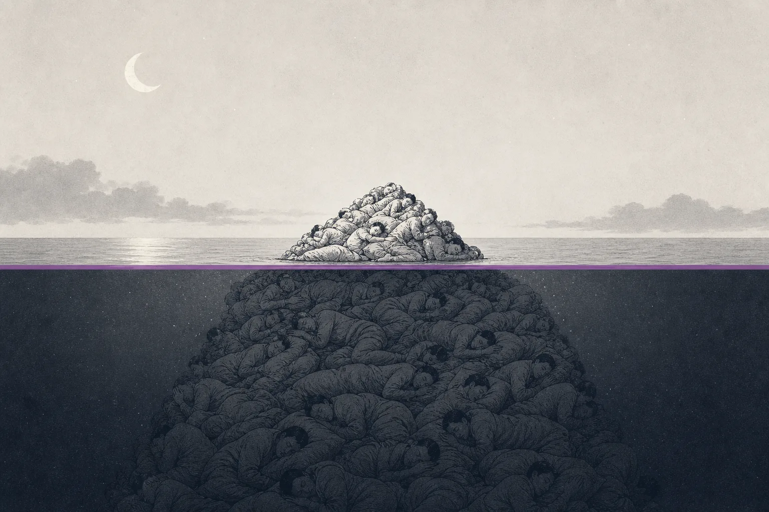 A wide ocean at night with countless sleeping figures floating like an iceberg; only a few break the surface while most are submerged underwater — representing the many undiagnosed sleep-apnea patients.