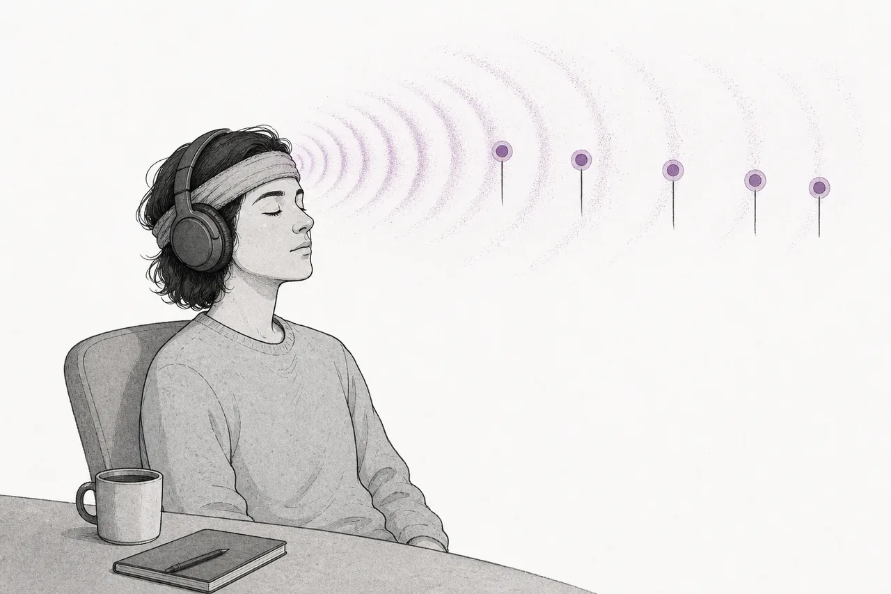 A person in everyday life wearing earbuds and a plain headband, with faint waves rising off their head and being caught by external sensors — depicting reading the brain without surgery.