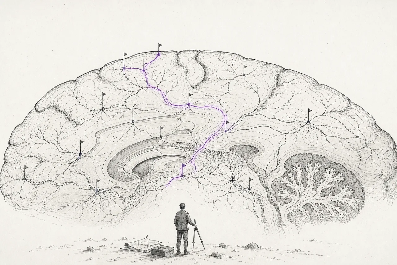 A mapmaker slowly draws the brain's circuits one line at a time, like charting a land no one has ever surveyed.