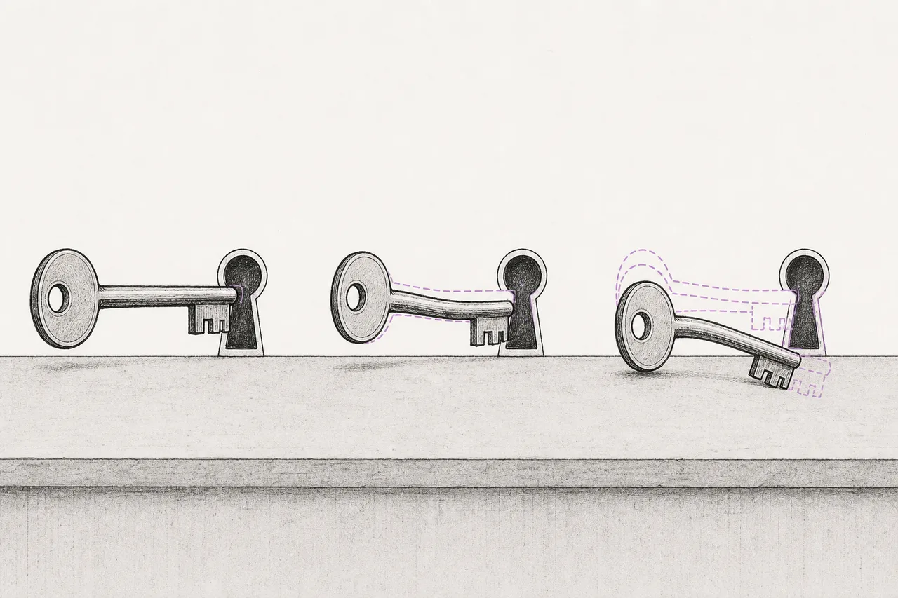 A key that once opened a door perfectly slowly changes shape until it no longer fits — representing a decoding model that slowly drifts day by day.