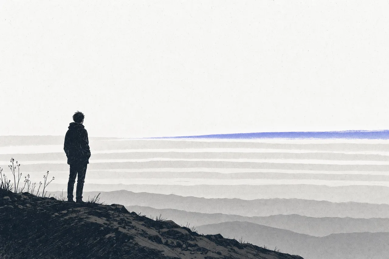 A false dawn that keeps recurring — the horizon shows several faint layers of light that look about to brighten but never fully rise