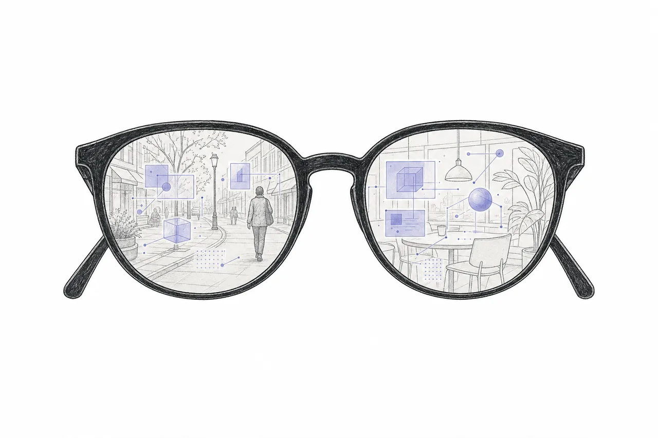 A computer dissolving into the real world — a thin pair of glasses lenses layering faint data over everyday scenes