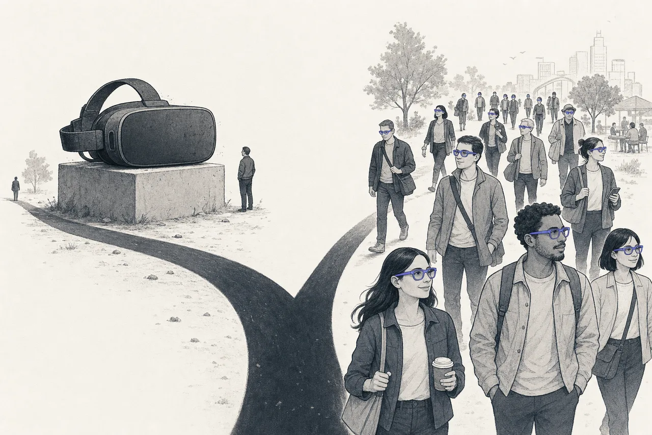 Two diverging paths — a bulky VR headset slowly gathering dust, and thin, light glasses people actually wear out the door