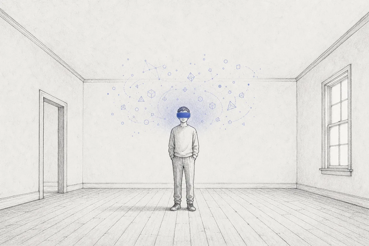 A single person wears a large goggle covering their entire face, standing in the middle of an empty room — but the shadows and light around them hint at another world invisible from the outside.