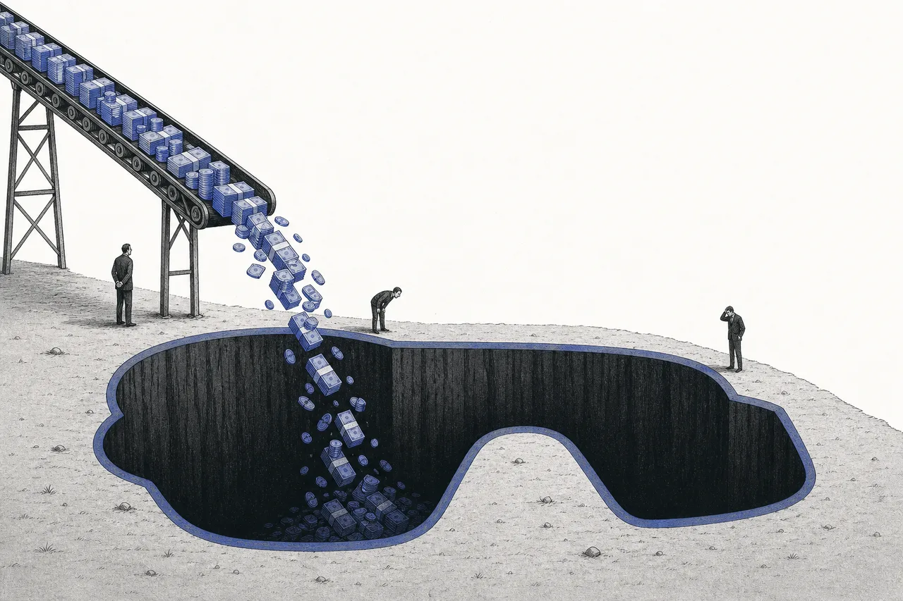A massive mound of money is poured into a deep pit shaped like a VR headset, while tiny people stand at the edge of the pit, watching hesitantly.
