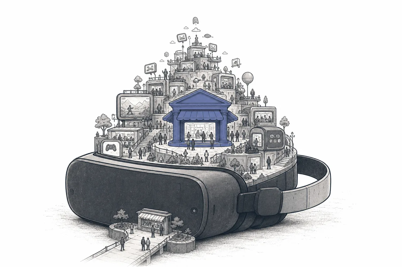 A single VR headset stands prominently as a foundation, with stores, games, and tiny apps sprouting and growing out of it like a city on an island.