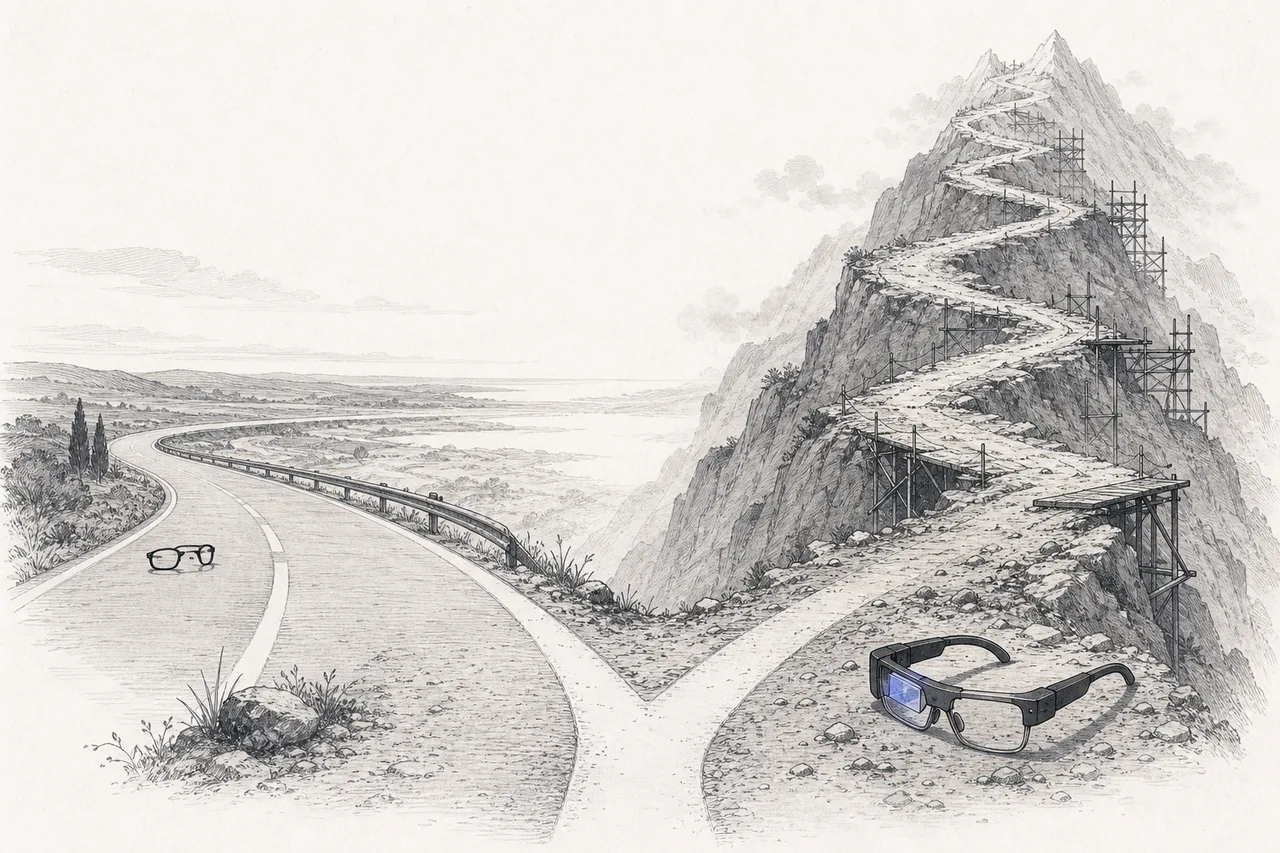 A fork in the road. One way is a smooth, wide road where light glasses can travel far; the other is a rough, steep, rugged path with display-bearing glasses set at a goal far in the distance.