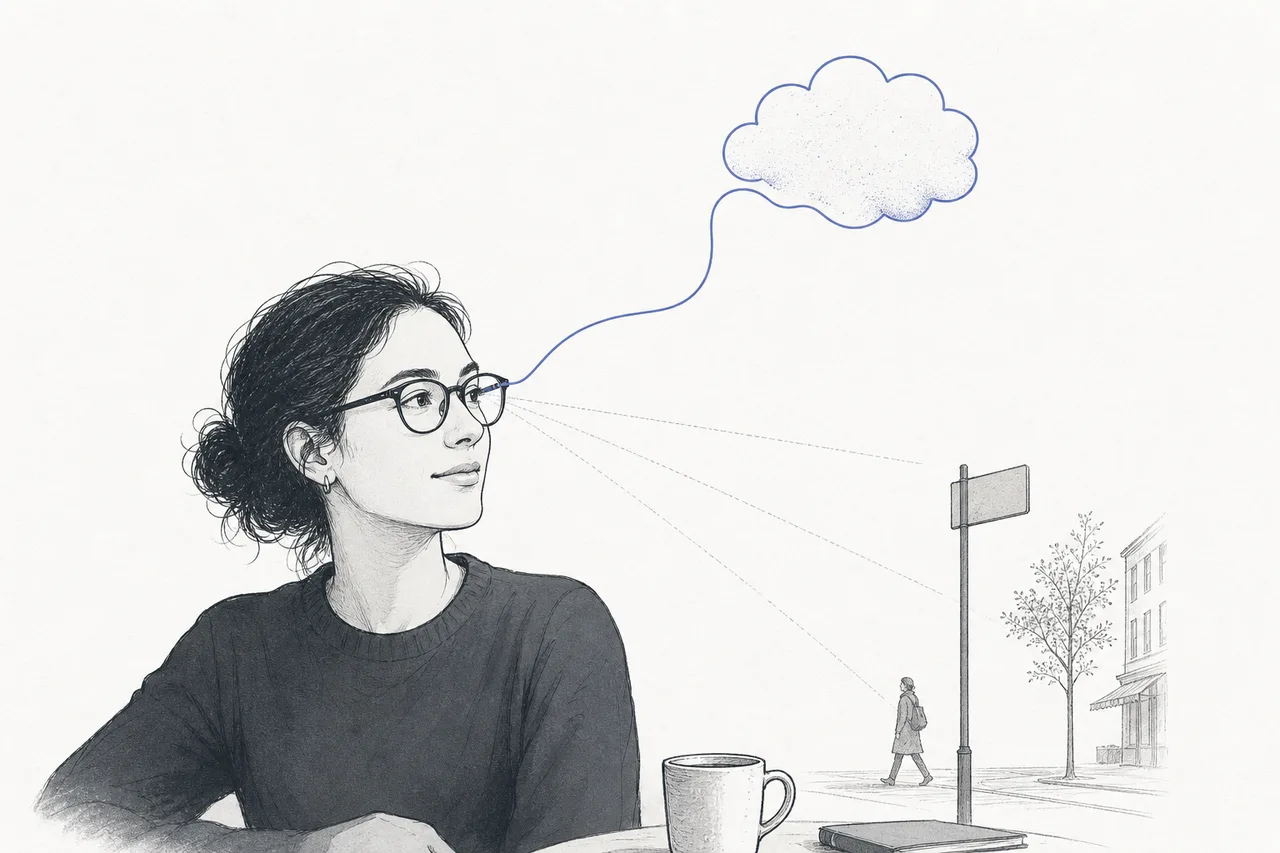 A person wearing what look like ordinary glasses, but a thin stream of data flows out of the temple toward a cluster of thought floating beside their head — representing an AI assistant that listens to and sees the world alongside its owner.